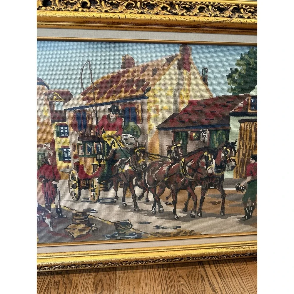 Vintage Huge Victorian Scenery Needlepoint Wall Art Tapestry Framed 26.5